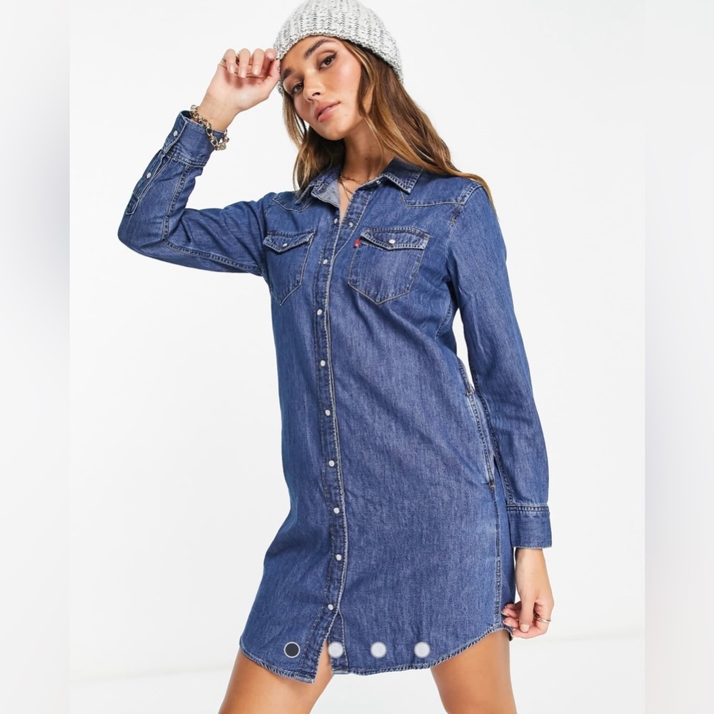 Levi’s Western Pearl Snap Button Blue Denim Shirt Dress Size S